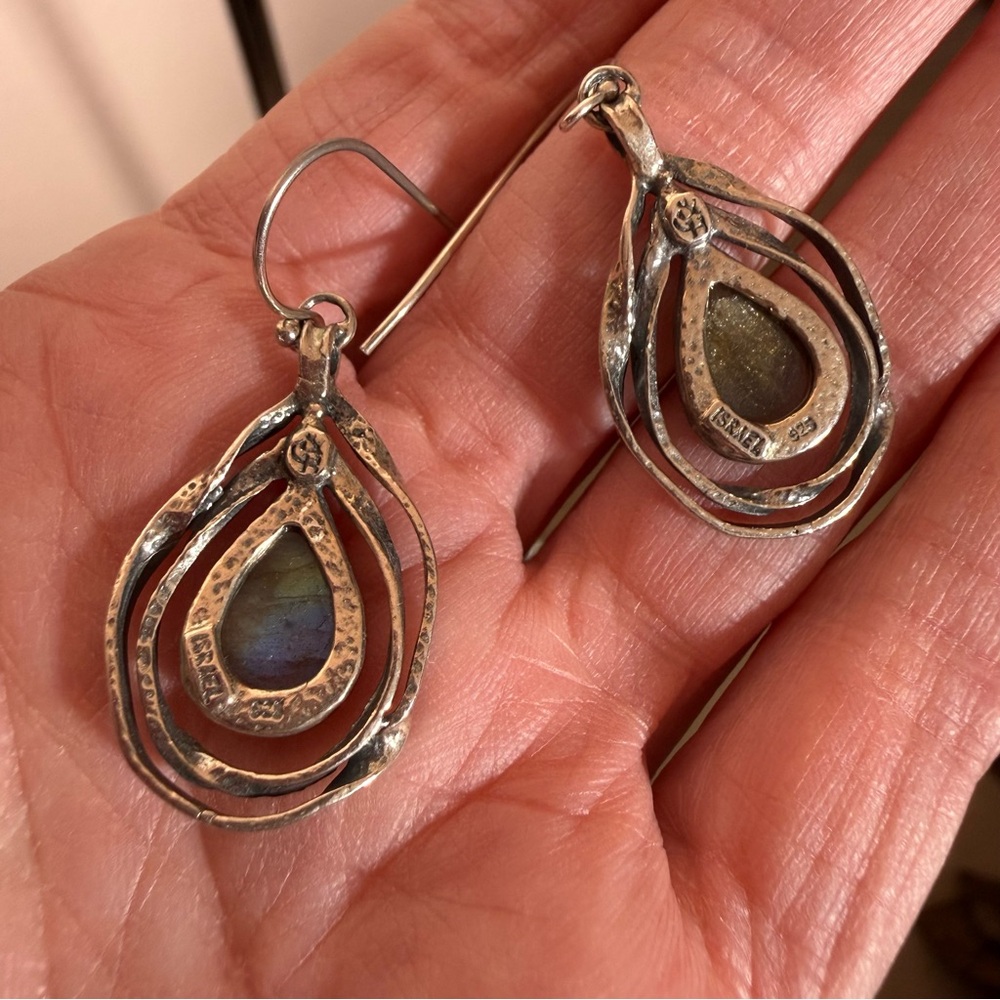 Vintage Sterling silver Israel labradorite brutalist modernist designer earrings - Picture 6 of 14